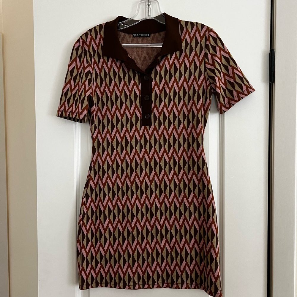 Zara Geometric Patterned Polo Dress- M